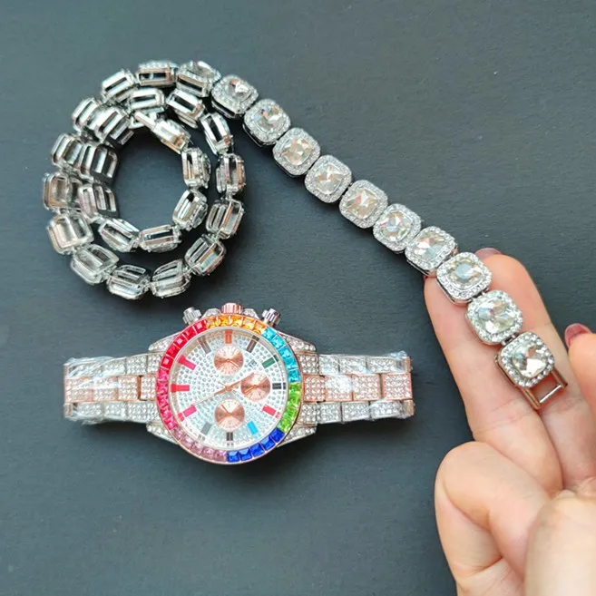 12mm quadrato Tennis catena braccialetto collana anello combinato  arcobaleno orologio set Cz pietra uomo Hip Hop set di gioielli colore  argento 18\