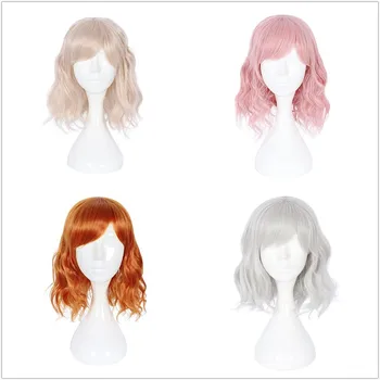 

Lolita 35CM Short Pink Orange Silver Blonde Cosplay Wig Daily Lady Halloween Synthetic Wavy Women Fashion Party + Wig Cap