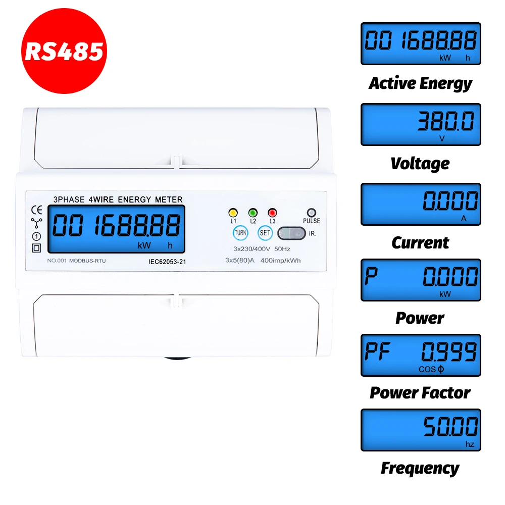 3-фазный 4-проводной RS485 Modbus 380 В А измеритель энергии на DIN-рейку цифровая