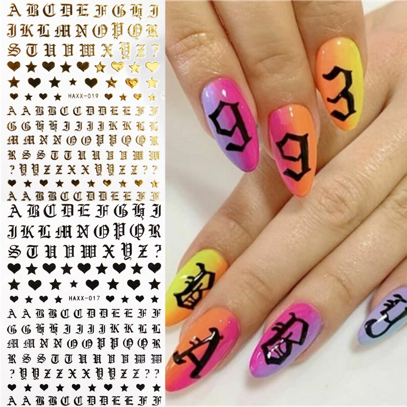 

Nail Art Stickers Decals Gold Letters Black Words Transfer 3D DIY Design Nail Decorations Foil Adhesive Wraps Polish Accessoires