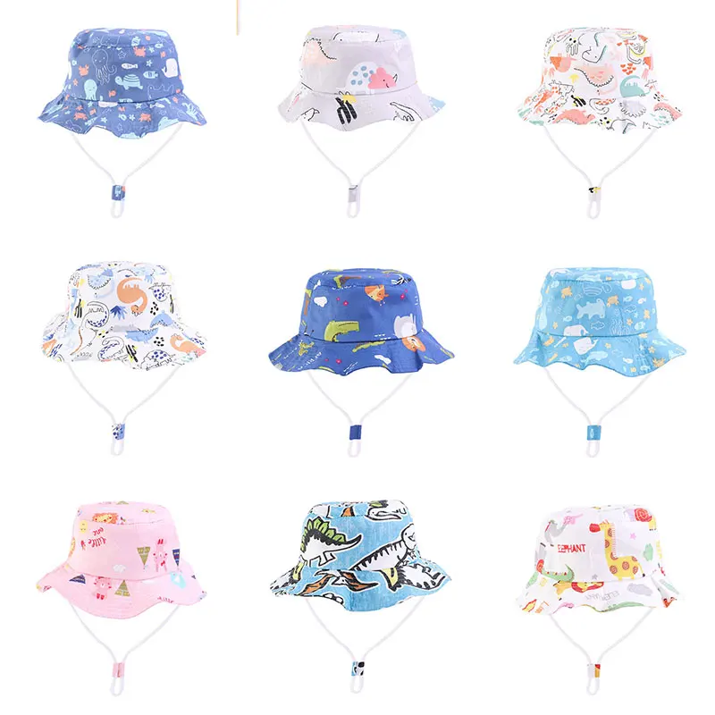 Spring Thin Cartoon Animal Print Hat Baby Bucket Strap Cotton Fisherman Hats Kids Summer Toddler Boys Girls Panama Sun Cap | Детская