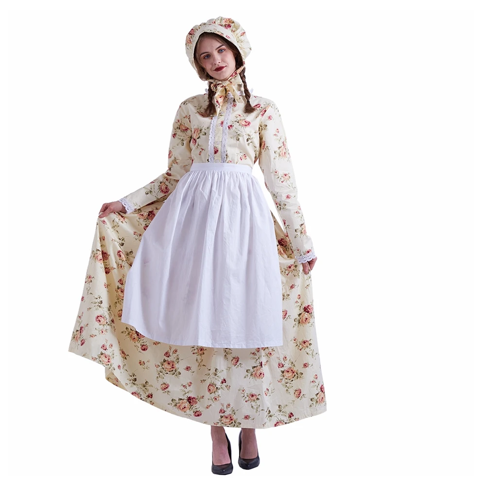 

Women Fairy Colonial Prairie Floral Dress Carnival American Pioneer Cosplay Historical Costumes
