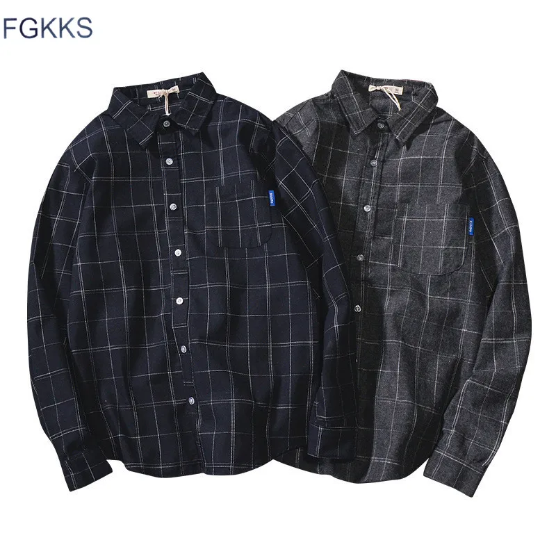 Goedkoop FGKKS Casual Brand Mannen Plaid Shirts Voorjaar Nieuwe mannen Turn down Kraag Shirts Mannelijke Lange Mouwen Tops