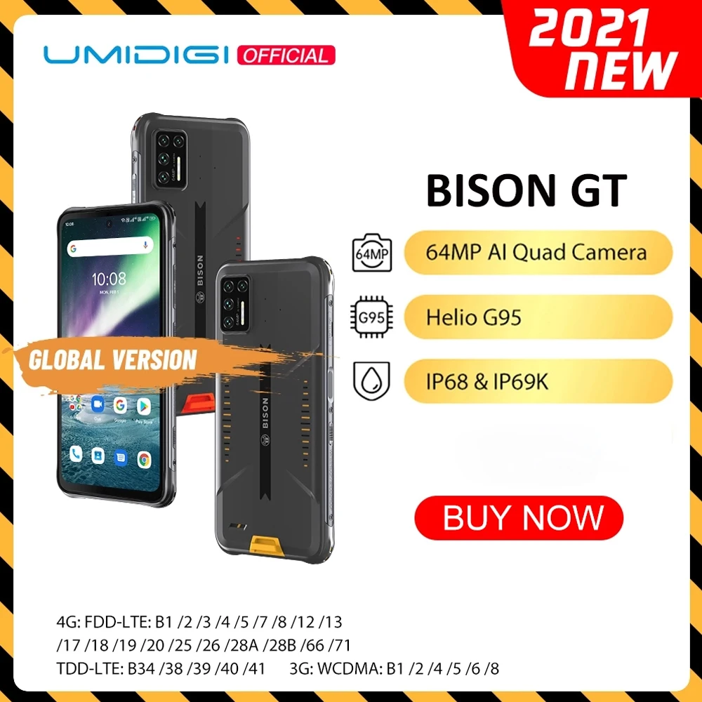 Umidigi bison gt impermeável ip68/ip69k helio g95 áspero telefone 64mp ai quad camera 8gb + 128gb 6.67