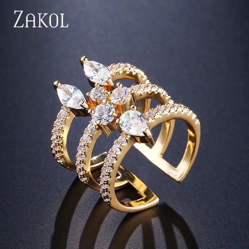 Gold Color ZAKOL, новое модное кольцо белого цвета, AAA, кубический циркон, камень, Открытое кольцо, широкие Полые ювелирные изделия для женщин, FSRP245 - Цвет основного камня: Gold Color