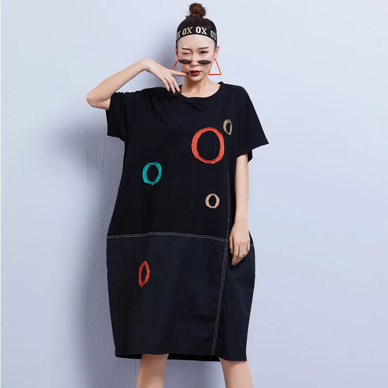 

LANMREM 2020 New Spring Summer Round Collar Hit Color Print Mid-length Dress Women Streetwear Loose Big Size Casual Tops PD835