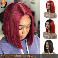 Remyblue короткий Боб кружевные передние парики 1B/красный бордовый прямые кружевные передние человеческие волосы парики черные женские Омбре перуанские волосы remy парики