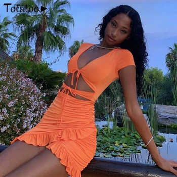 Totatoop תחרה עד V צוואר Ruched Bodycon מיני שמלת נשים 2020 קיץ הולו מתוך קפלי שמלה קיצית וחוף Vestidos