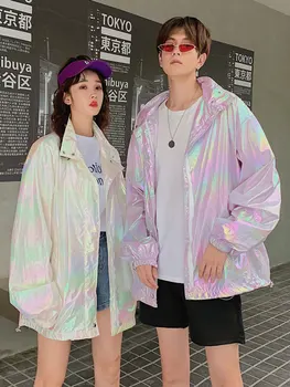 

Summer Thin Mens laser Mixed Color Jacket Hooded Coat Loose Style Hip-hop Shinny Outwear Coats B14