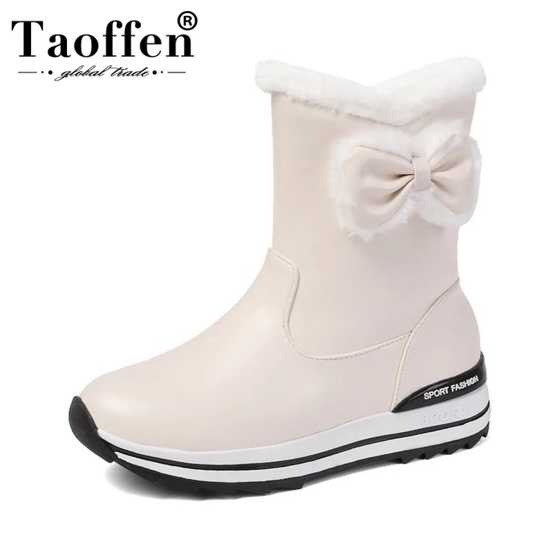 Taoffen/новые женские зимние ботинки на толстой подошве; теплые плюшевые ботильоны на меху; милая повседневная женская обувь с бантом; размеры 31-42