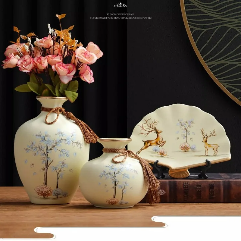 3Pcs）European Ceramic Vase Dried Flowers Flower Arrangement Wobble Plate Living Room Entrance Ornaments Home Decorations 2