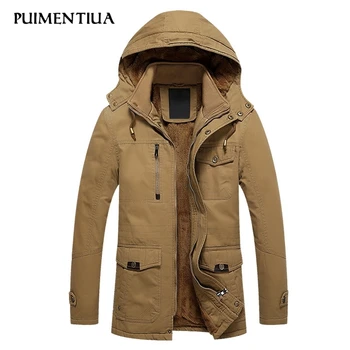 

Puimentiua men Hooded Jacket solid color Warm Coat 2019 Winter parkas Thickened pocket Jacket hoodies Windproof parkas