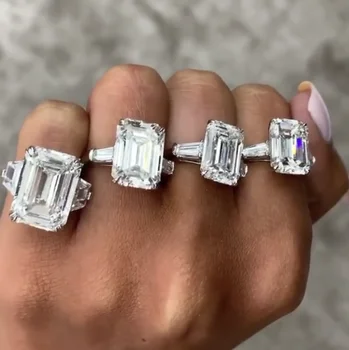 

Luxury 100% 925 Sterling Silver Created Emerald cut 4ct Diamond Wedding Engagement Cocktail Women Moissanite Rings Fine Jewelry