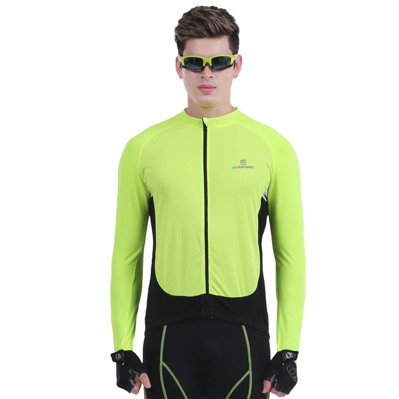Queshark Мужская однотонная Влагоотводящая шоссейная велосипедная куртка с длинным рукавом велосипедная Джерси велосипедная одежда ветрозащитная - Цвет: Зеленый