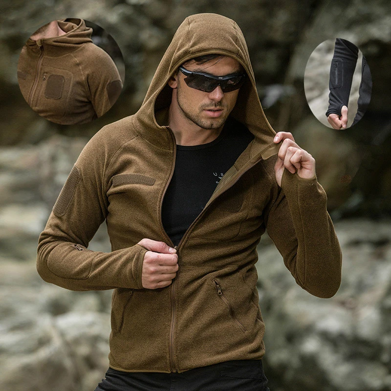 

Hot Outdoor Tactical Fleece Jacket Spring Autumn Warm Cardigan Hooded Coat Tops Men Sport Riding Hiking Windproof Thermal Jacket