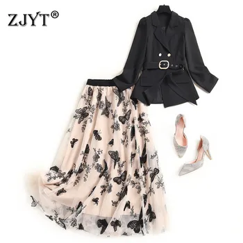 

2020 New Designer Fashion Lady Office 2 Piece Outfits Autumn Long Sleeve Blazer and Embroidery Mesh Skirt Suit Matching Sets