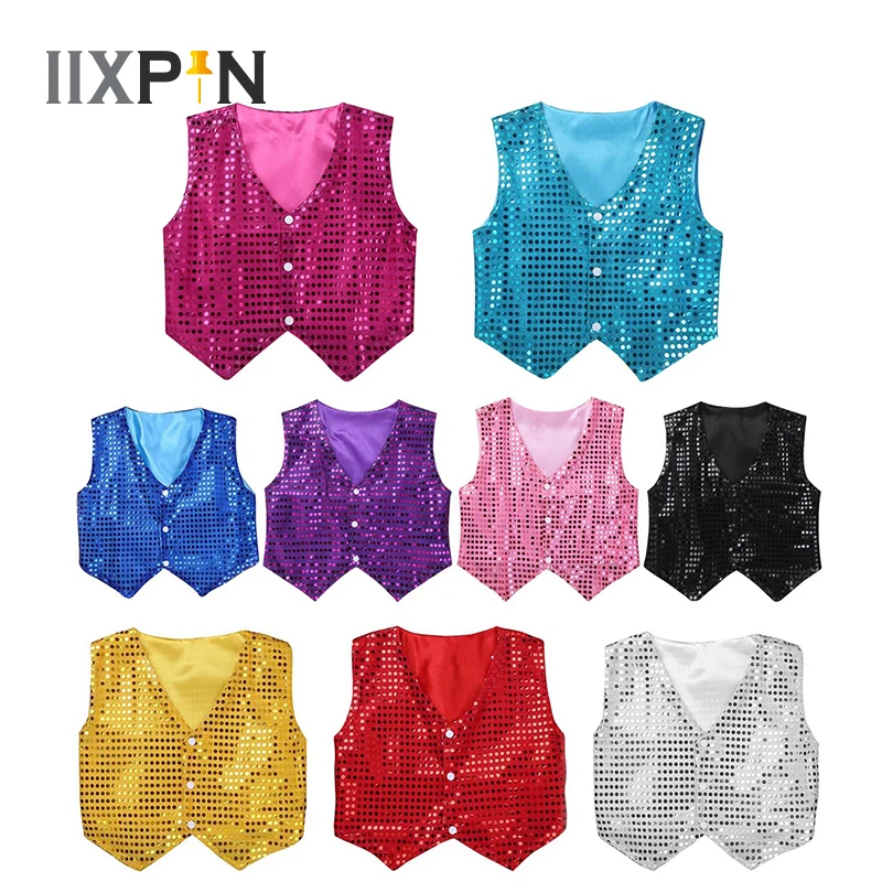 

IIXPIN Kids Hip Hop Jazz Dance Costumes Tops Shining Sequind Vest Waistcoat Boys Choir Student Stage Performance Party Dancewear