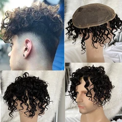 Full French Lace Mens Toupee Curly Wigs European Human Hair Replacement Systems for Men Hairpiece 10x8inch Toupee 1B Color