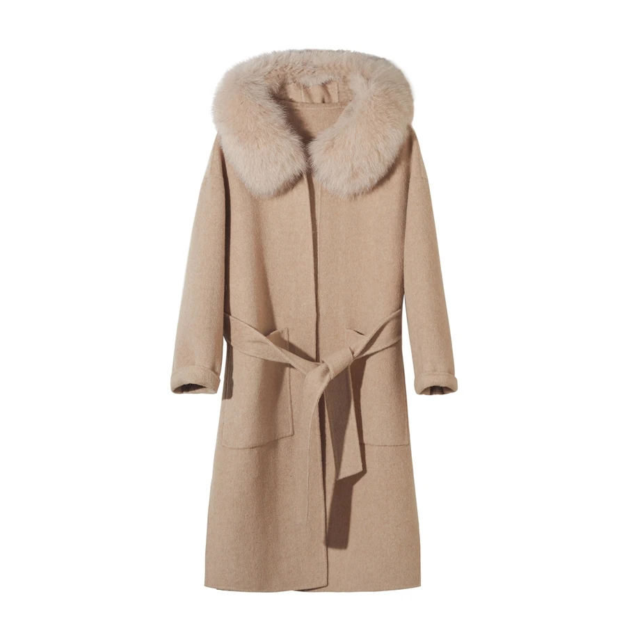 camel QIUCHEN PJ New arrival high quality cashmere women jacket real fur real fox fur collar Fashion model - Цвет: camel