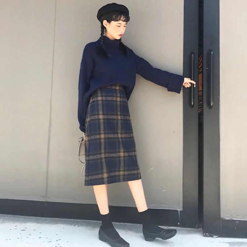Размера плюс Harajuku длинная юбка Корейская клетчатая юбка Женская высокая талия школьная плиссированная клетчатая юбка винтажная длинная юбка в Корейском стиле