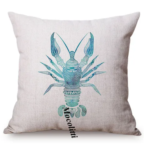 Blue Ocean Animal Sea Turtle Conch Watercolor Decorative Sofa Throw Pillow Cover Lobster Sea Horse Shell Pattern Cushion Cover M122-3