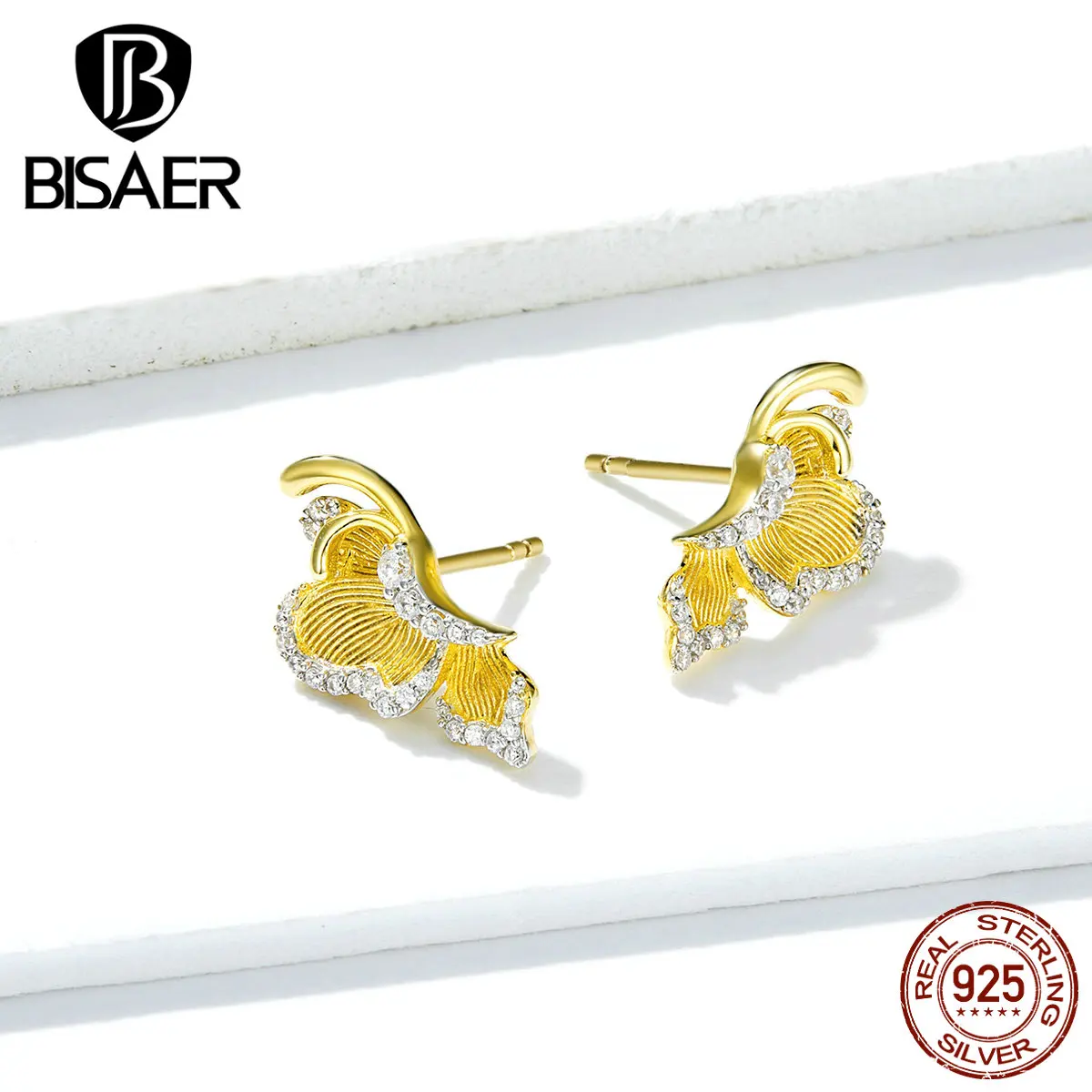 Butterfly Earrings BISAER 925 Sterling Silver Blooming Butterfly Stud Earrings Stud Crystal Cubic Zircon Jewelry EFE254