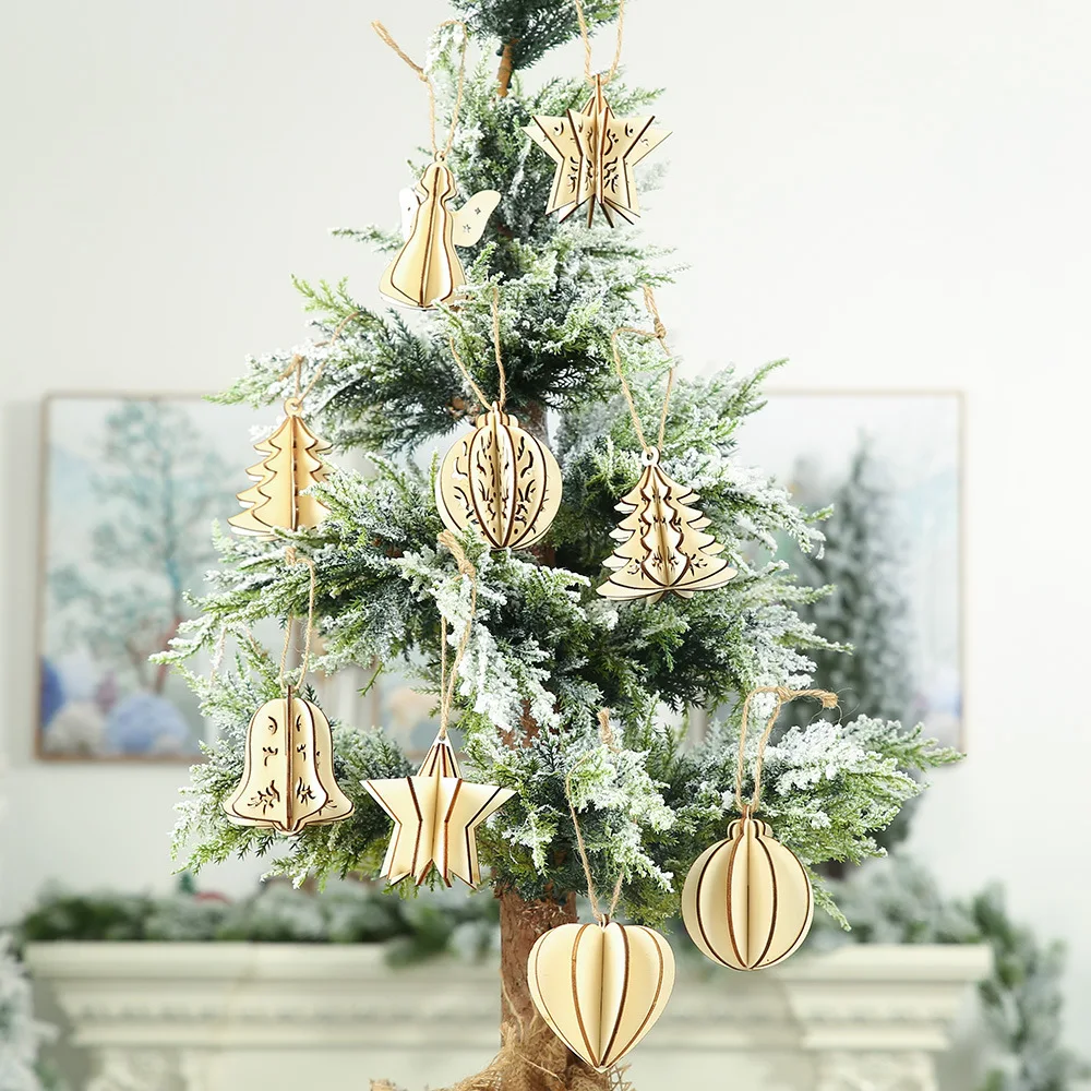 

3D New Snowflake Wooden Embellishments Rustic Merry Christmas Tree Hanging Ornament Drop Pendant Xmas Decorations for Home