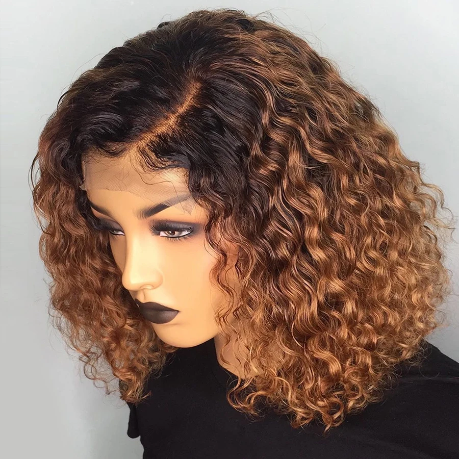 Human Hair Wig 1B/27 Ombre Color Short Curly 13X6 Lace Front Human Hair Wigs With Baby Hair Pre Plucked Remy Brazilian Bob Bleached Knots