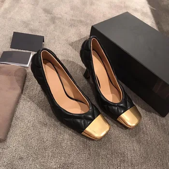 

Metallic Shoes Woman Square Toe Sandals Woman Slip On Zapatos De Mujer Rhombus Thin High Heels Wedges Ladies Pumps Party Dress