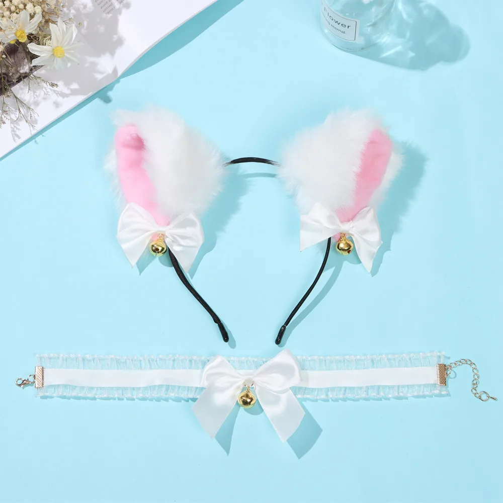 1Set Cat Ear Headband With Bells Necklace Plush Furry Cat Ears Headwear Fancy Dress Hairband Women Girls Party Cosplay Headwear anime outfits