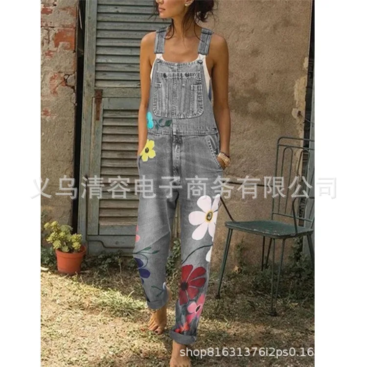 WEPBEL Women Overalls Casual Floral Denim Pants Autumn Washed Fashion Long Ladies Girl Pants Trousers