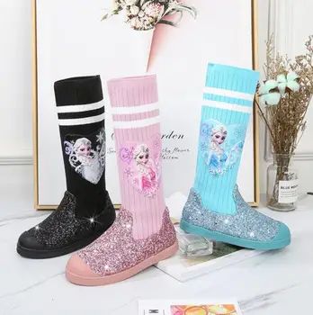 

Disney Girl Autumn winter single boots Princess Elsa high boot children socks knitted Martin boots