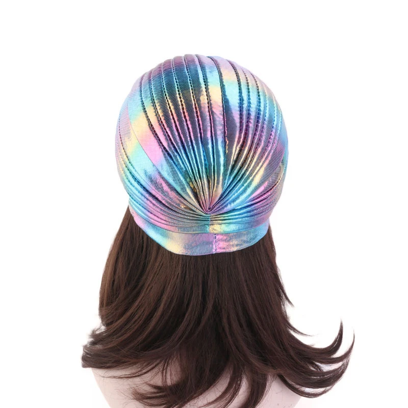 colorful Women Laser hijab scarf Silk Hair Turban Hair Ruffle Accessories Wave Hood Cap Caps muslim scarf Hat Turban Headwrap