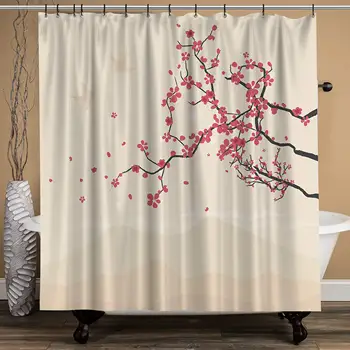 

Space Art Japanese Style Beige Red Plum Flowers Bath Shower Curtain Simple Artistic Style Waterproof Fabric for Bathroom 71"X71"