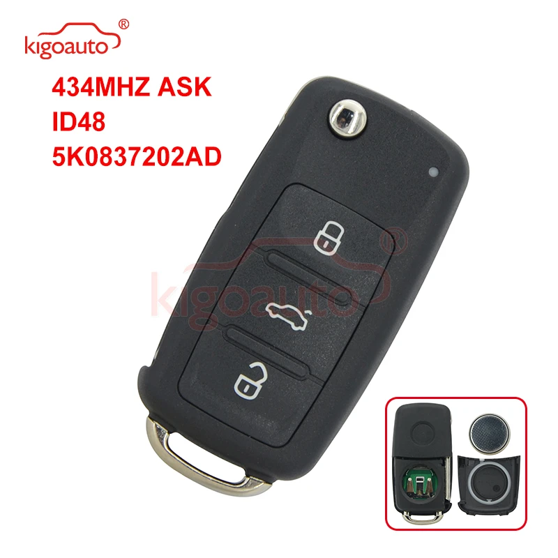 Kigoauto 5K0837202AD 2 Button HU66 434MHZ ASK ID48 Remote Key for VW Passat Polo Golf Jetta Beetle Tiguan 2012