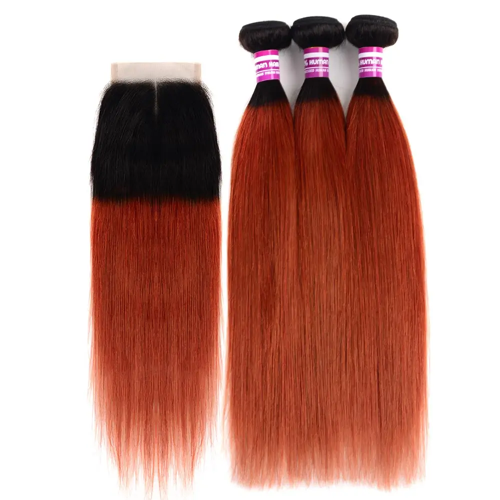 

Colored 3/4 Straight Hair Bundle Deals Roots Remy Human Hair Extension Ombre Orange Brazilian Hair Weave Bundles With Closure