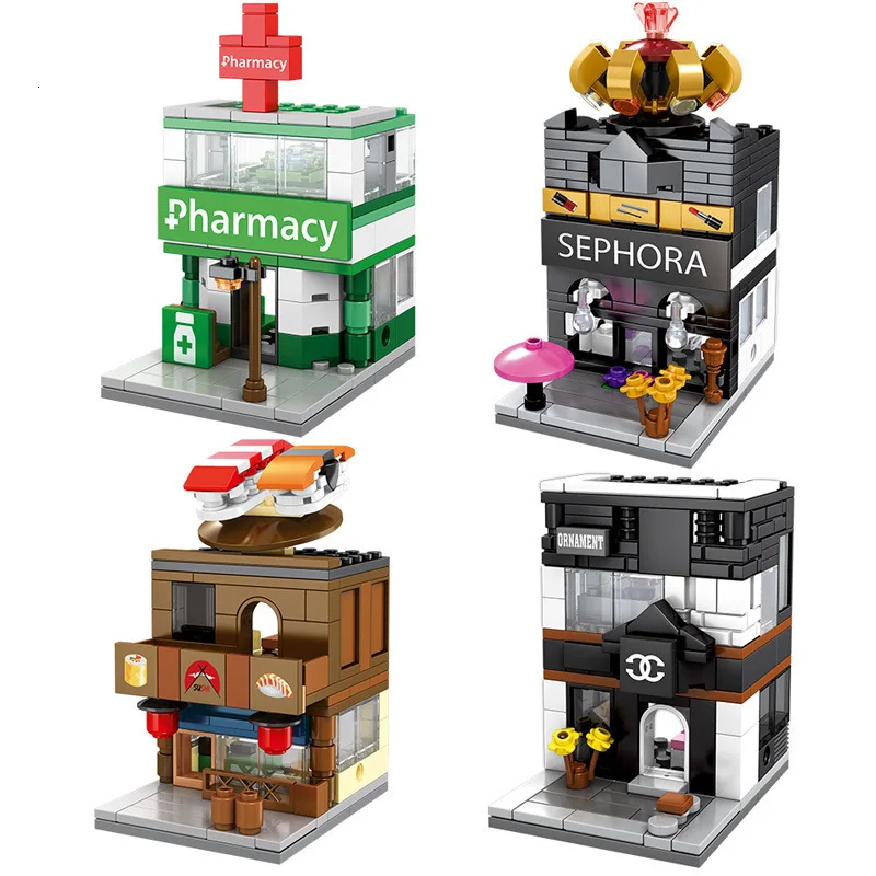 

Architecture Mini Street View Building Blocks Children Assembling DIY Mini Store Brick Figures Toys For Children