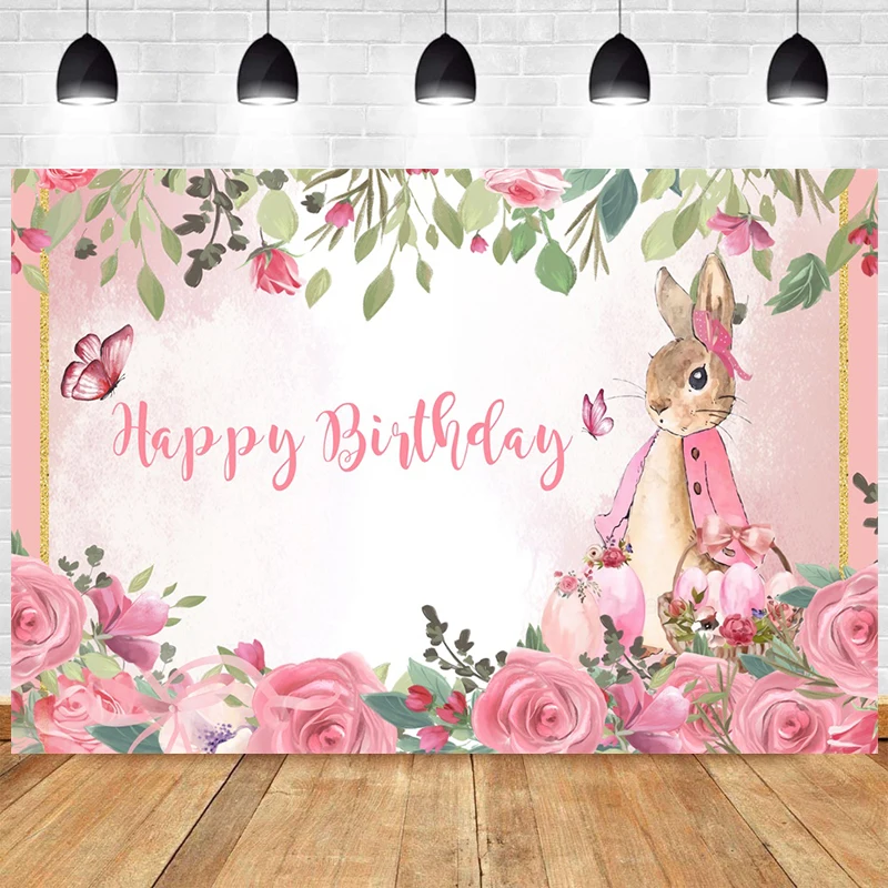 Pink Rabbit Photo Backdrop Flower Kids Happy Birthday Party Baby Shower Boys Girls Photograph Background Banner Decoration Prop |