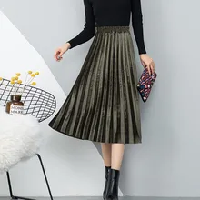 Женская юбка дикая осень зима золото бархат сплошной цвет Высокая талия юбка мода OL плиссированная средняя удлиненная юбка