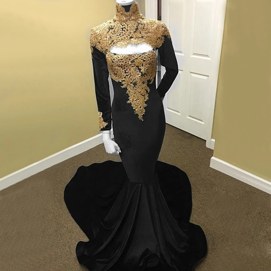 

Gold Appliques Evening Dresses Custom Made abendkleider vestidos de festa Off Shoulder Evening Gown gala 2019 robe de soiree
