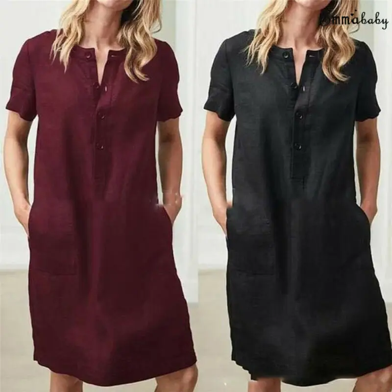 New Casual Women Solid Color Dress Loose Button Cotton Linen Midi Dress Short Sleeve Pocket Vestito Pretty Fat women thin Dress New Casual Women Solid Color Dress Loose Button Cotton Linen Midi Dress Short Sleeve Pocket Vestito Pretty Fat women thin Dress