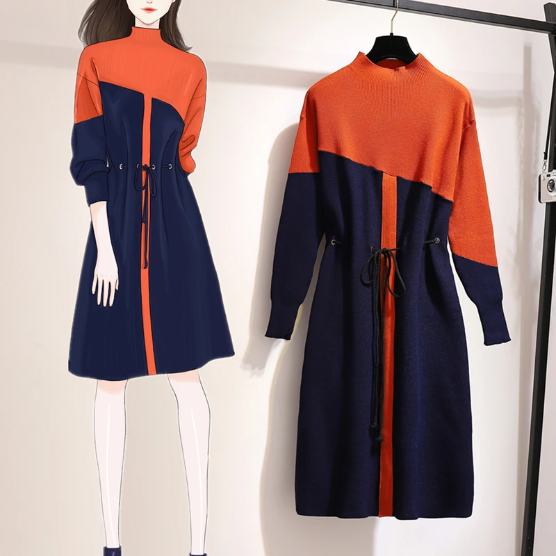 

Half Turtleneck Long Sleeve Knitting Soft Pullover 2019 Autumn Winter Plus Size Patchwork Contrast Color Lace-up Sweater Dress
