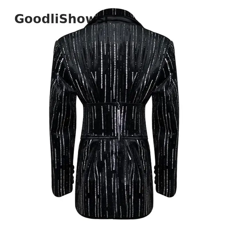 GoodliShowsi, Новое поступление, высокая уличная мода, Женский блейзер, куртки, бриллианты, корсет, зубчатые лацканы, длинный рукав, черный костюм, куртки