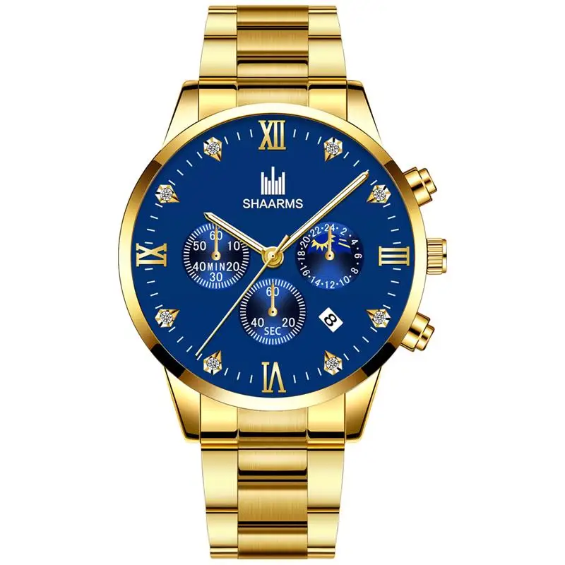 Shaarms Mens Watches Luxury Alloy Case Roman Numeral Display Date Dial Quartz Wristwatch Casual Business Watch Man Clock - Цвет: Gold Blue