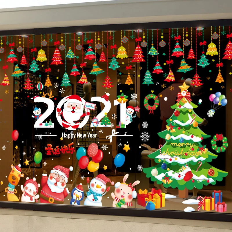 

Christmas decorations shop scene layout Christmas stickers snow glass door stickers navidad