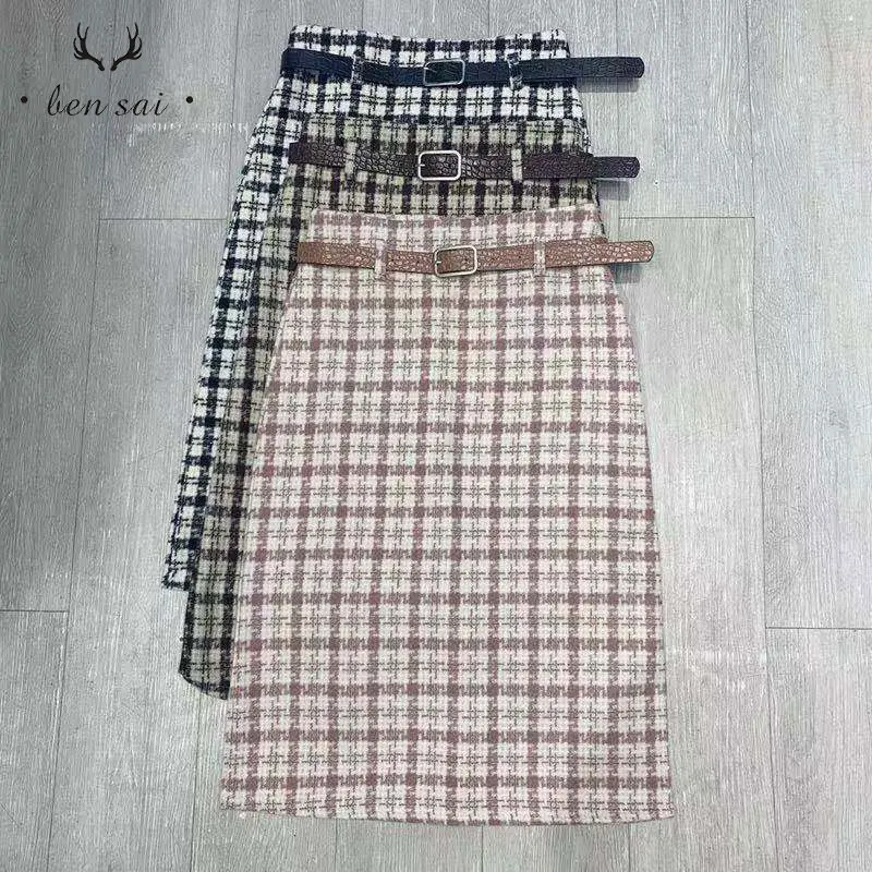 Женская модная клетчатая Трикотажная хлопковая юбка с поясом, женские повседневные Простые юбки, женские прямые юбки джокер, Осень-зима, новинка