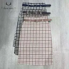 Женская модная клетчатая Трикотажная хлопковая юбка с поясом, женские повседневные Простые юбки, женские прямые юбки джокер, Осень-зима, новинка