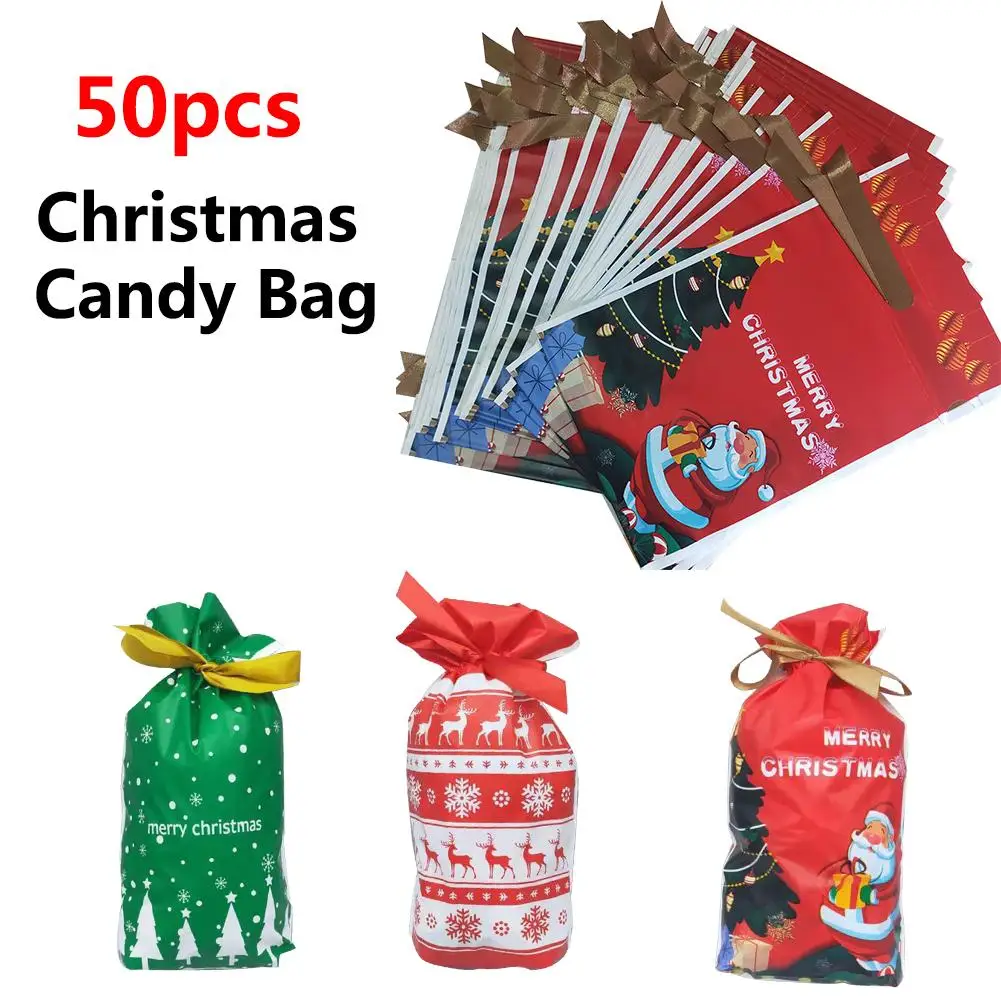 

50PCS Christmas Candy Bag With Ribbon With Christmas Element Pattern For Christmas Home Decoration Supplies
