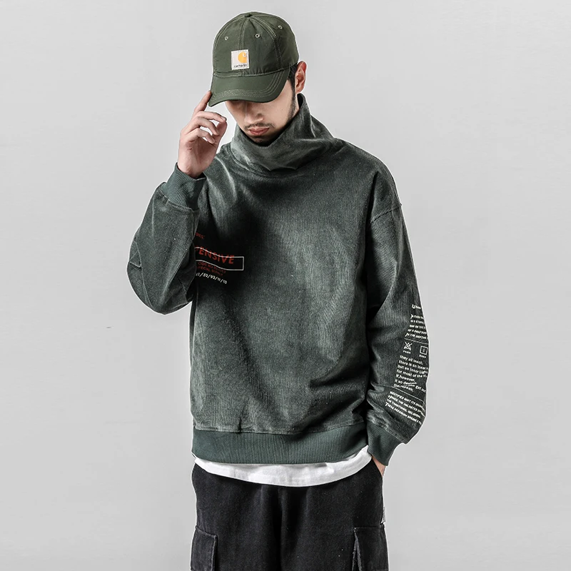 

2019 Solid Color Long Sleeve Pullover Sleeve Letter Printing Men's Sweatshirts Turtleneck Design Beige Grey Green Sweatshirts