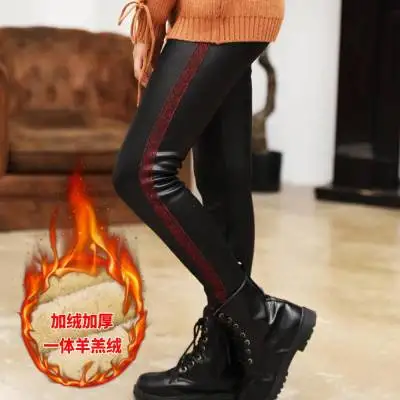 lambswool fleece Зимние штаны в полоску из искусственной кожи для девочек; теплые флисовые леггинсы для девочек; повседневные теплые детские кожаные леггинсы из овечьей шерсти для девочек - Цвет: lambswool fleece